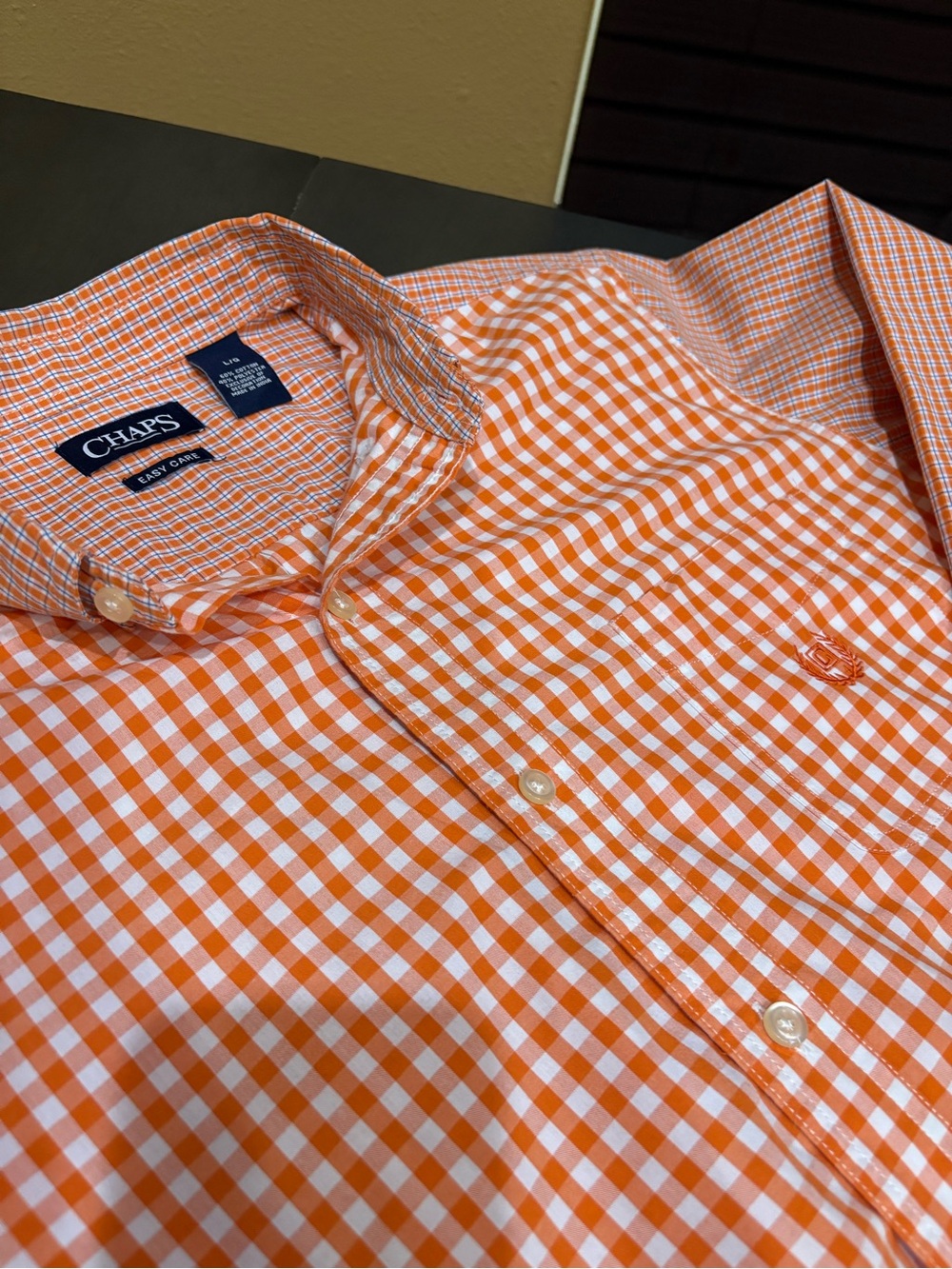 Chaps-Men’s Orange Gingham Button-Down Shirt